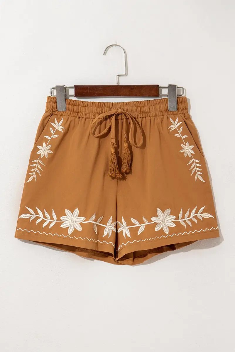 Khaki Embroidered Boho Tasseled Drawstring Elastic Waist Shorts - Love Salve